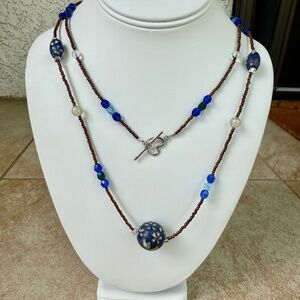 Hand Crafted Extra Long Blue & Copper Colored Washi Bead Necklace